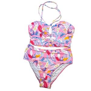 SunCo Size XL Pink Tropical Floral Halter Bikini High Waist Two Piece Swimsuit
